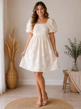 Polagram Cream Embroidered Floral Puff Sleeve Babydoll Dress Size M
